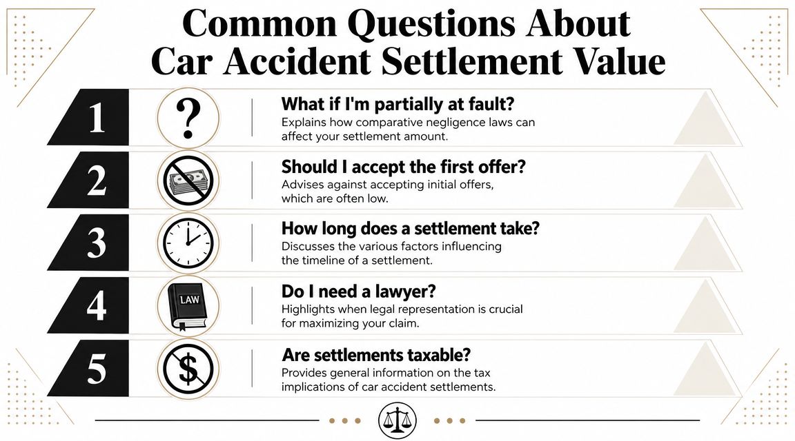 An infographic listing five common questions regarding car accident settlement values and insurance claims.