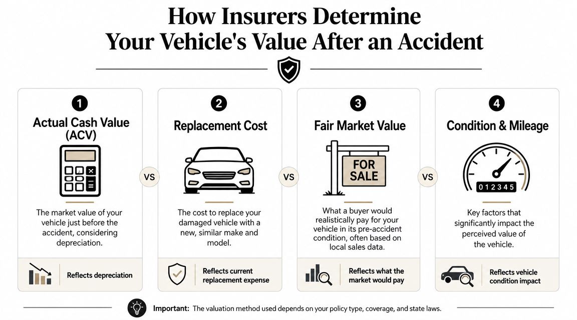 An infographic showing four key factors insurers use to determine vehicle value after a car accident.
