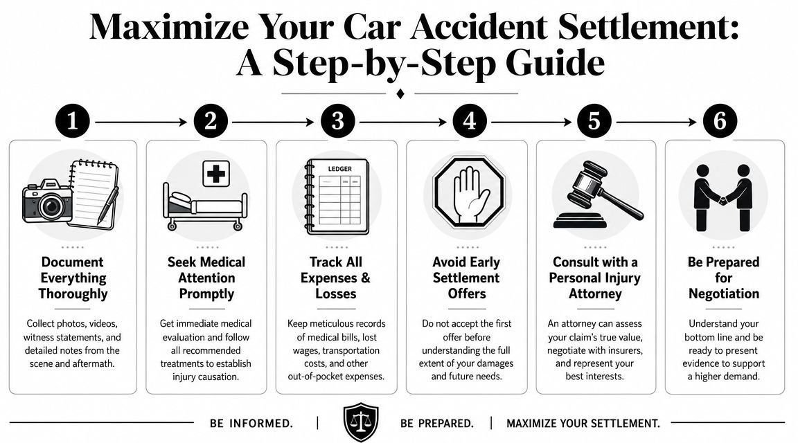 A step-by-step infographic titled Maximize Your Car Accident Settlement with six numbered advice icons.