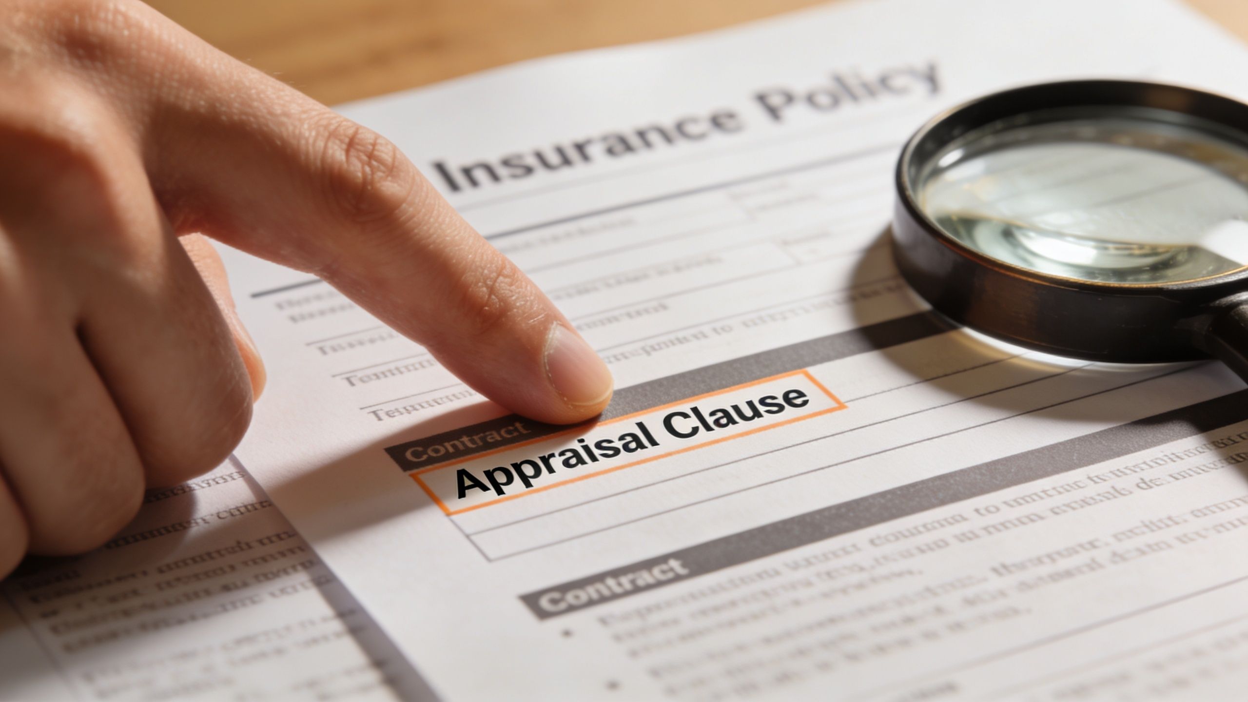A close-up view of a person pointing to the appraisal clause section on an insurance policy document.