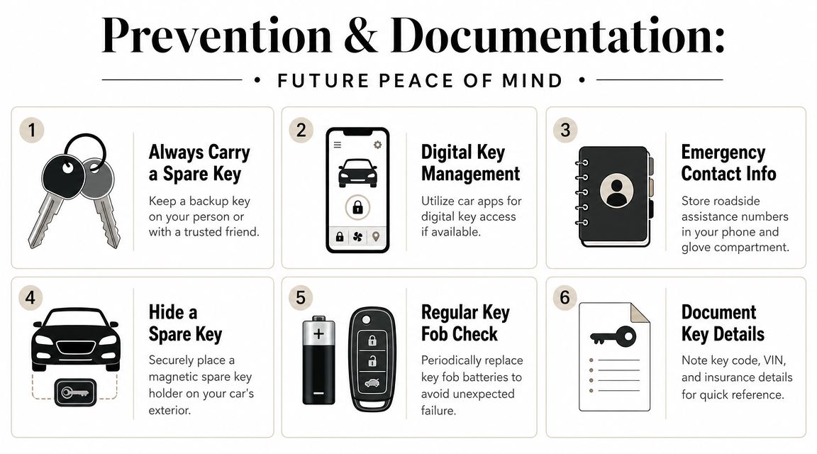 A six-point infographic titled Prevention and Documentation providing tips for managing car keys and vehicle lockout prevention.