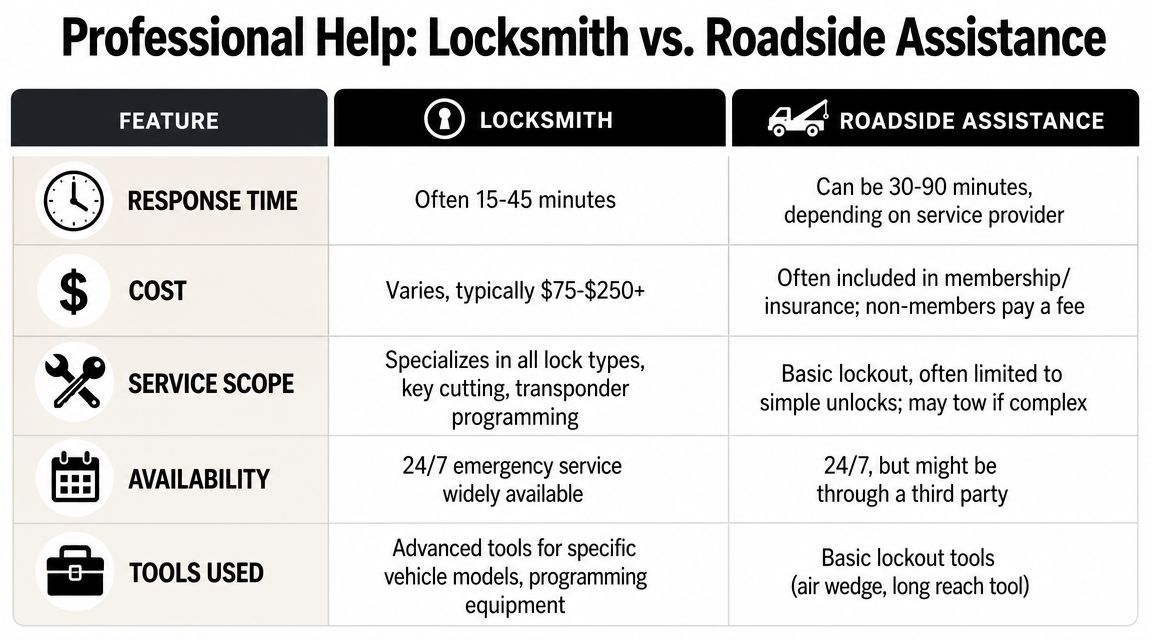 A comparison table detailing the differences between hiring a locksmith versus using roadside assistance for vehicle lockouts.