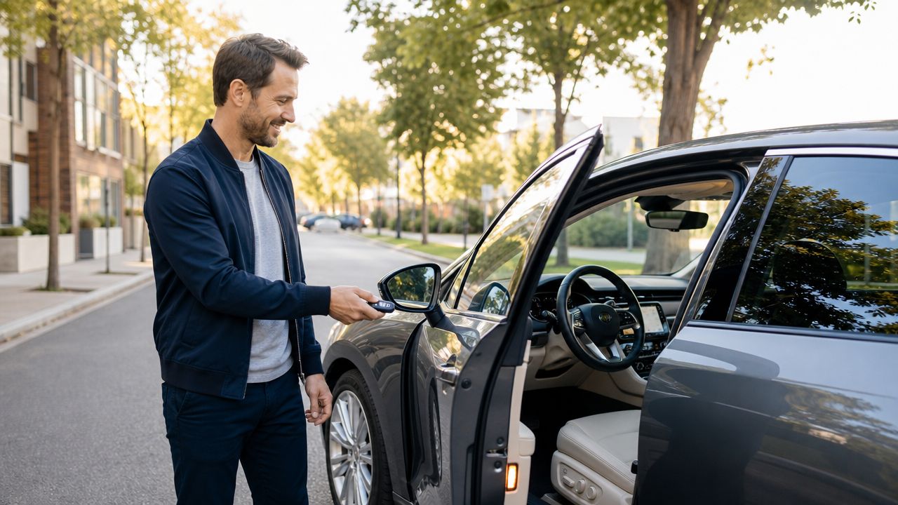 A man smiling while unlocking his car door with a remote key fob on a suburban street.