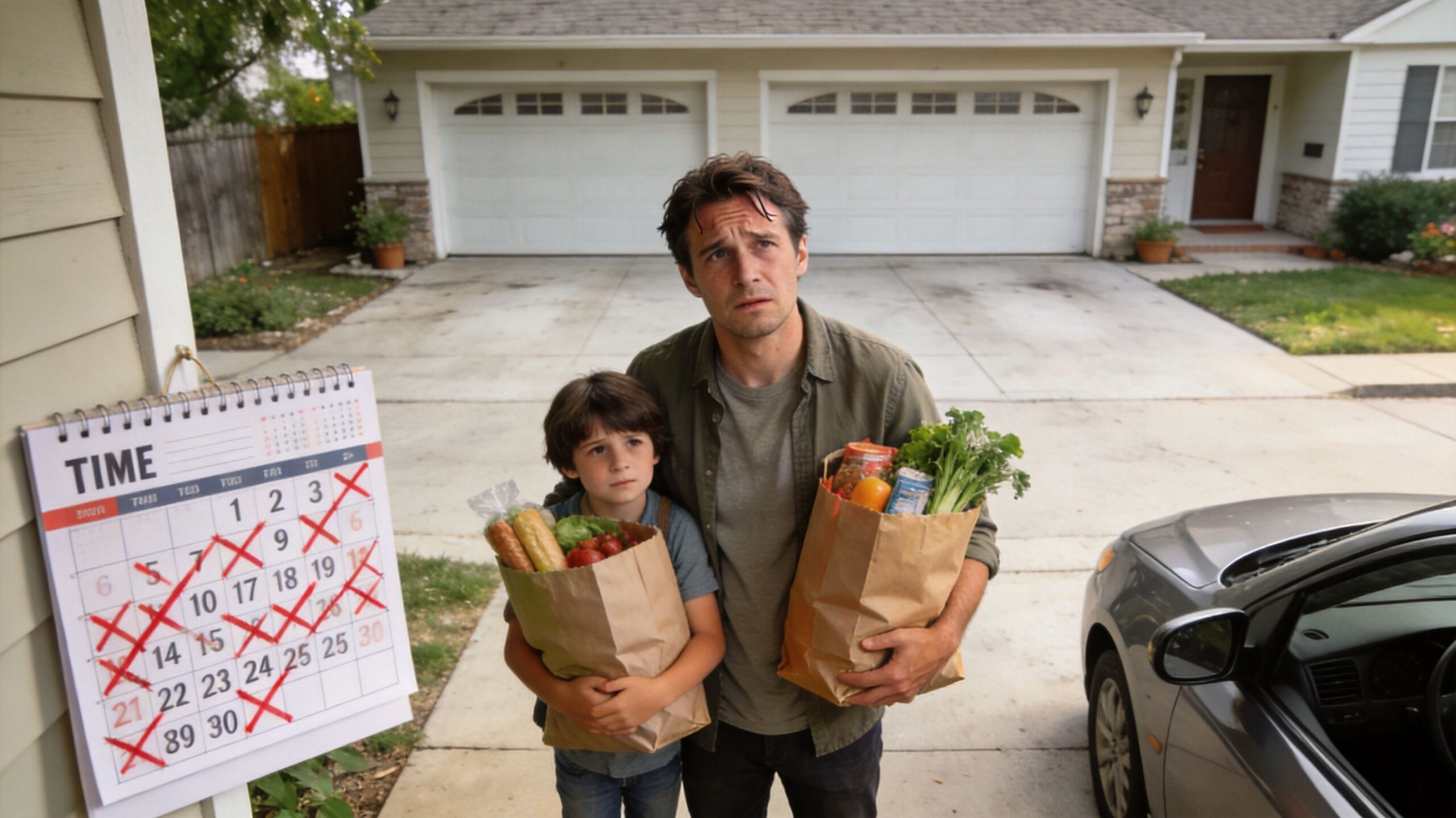 A father and son holding groceries standing outside their home with a calendar marking passed days.