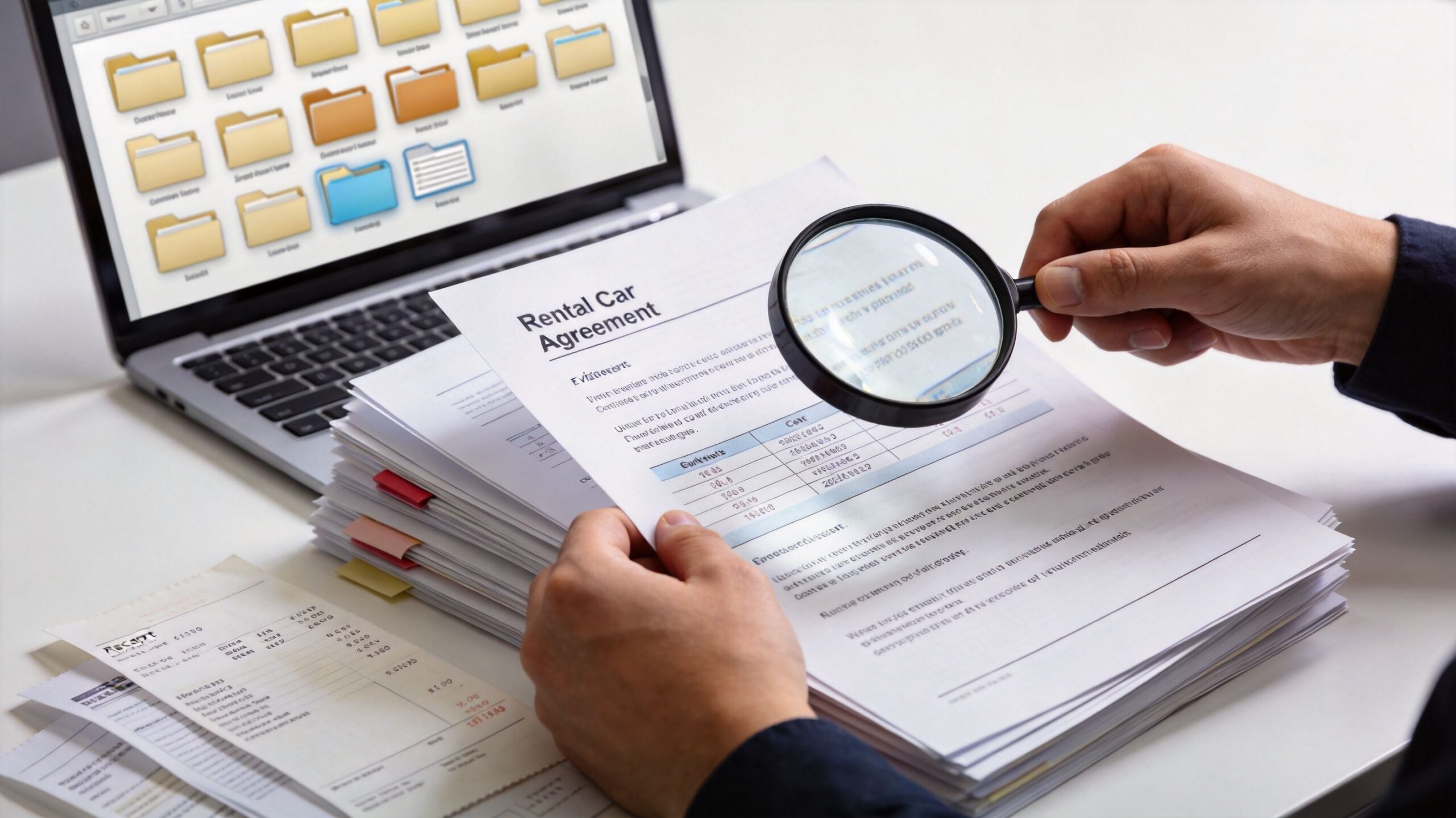 A person inspects a rental car agreement with a magnifying glass while working on a laptop.
