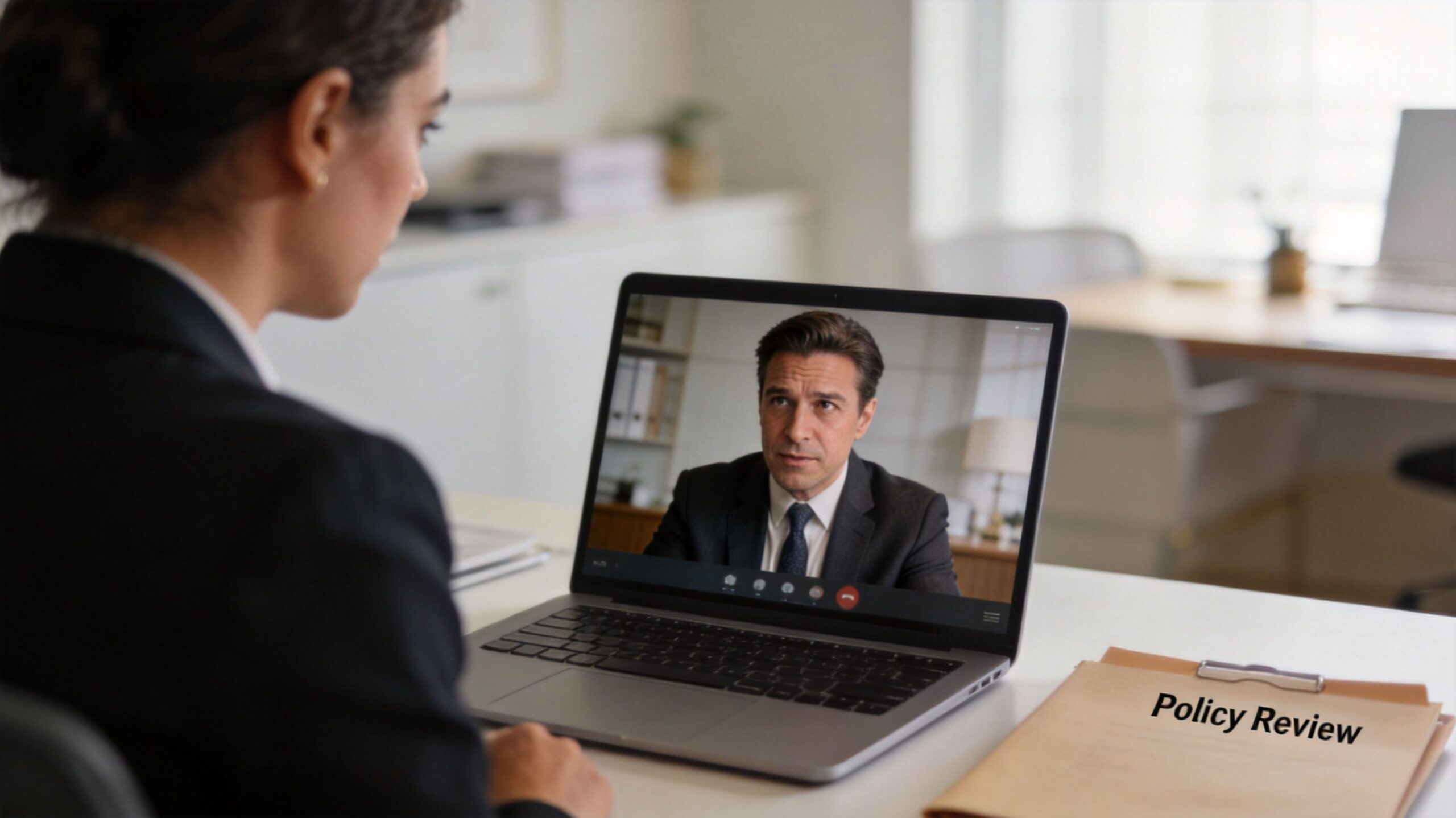 A professional woman in a business suit having a video conference call on her laptop regarding policy review.