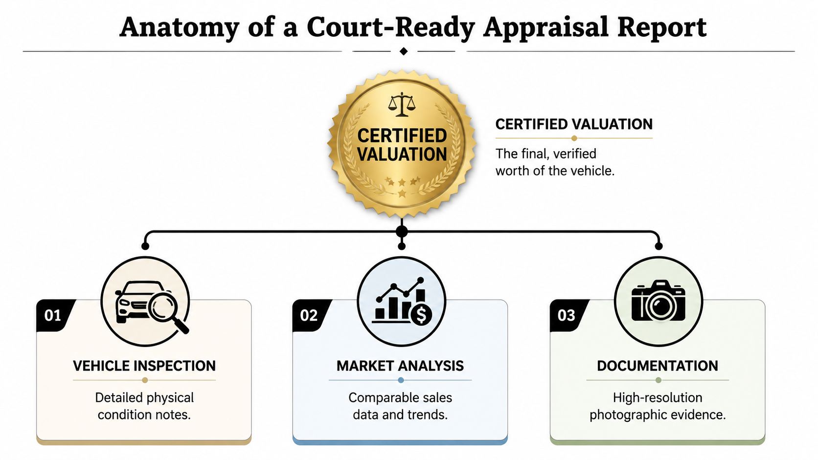 A diagram outlining the three essential components of a certified, court-ready classic auto appraisal report.