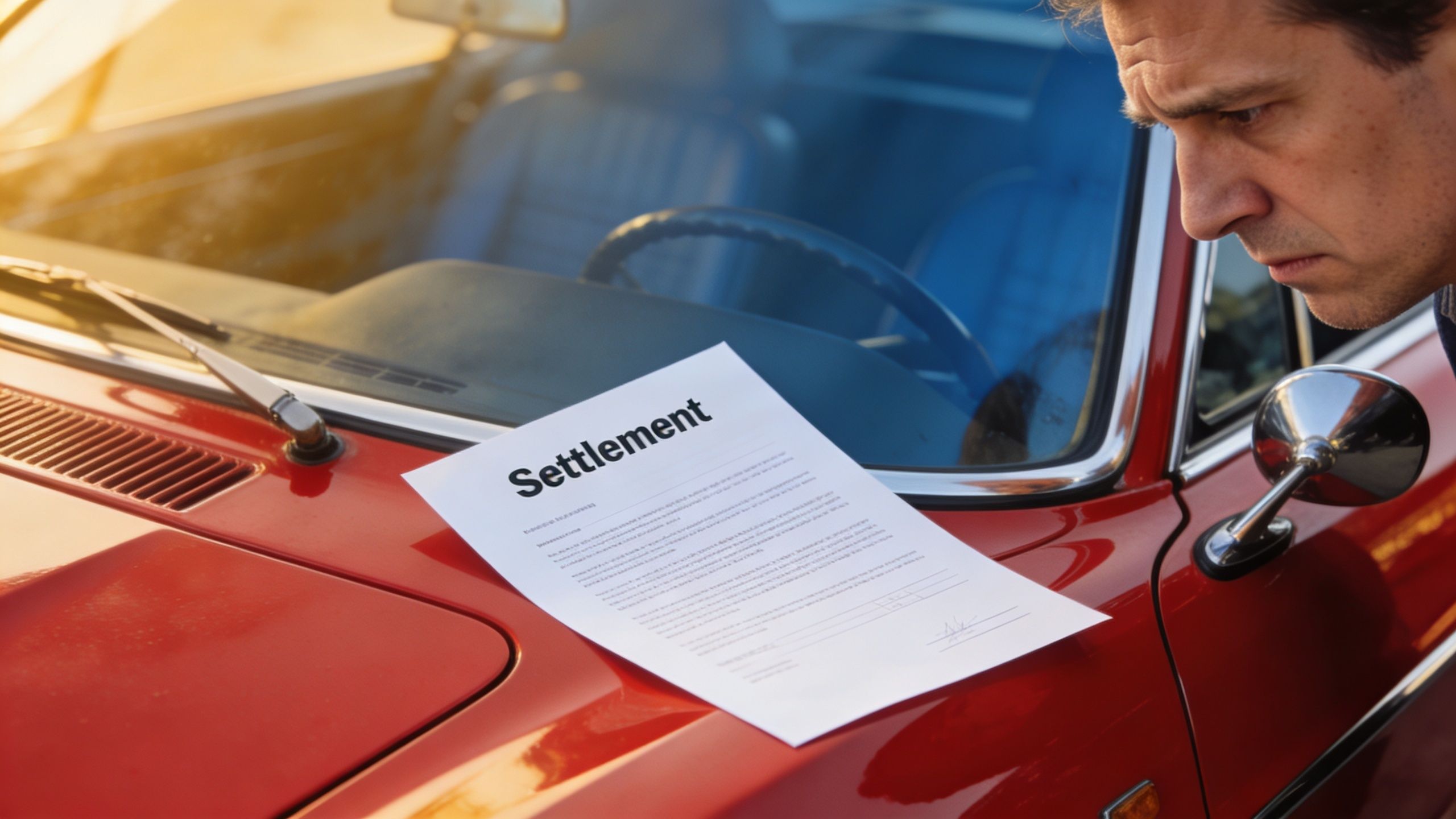 A concerned man examines a settlement document placed on the hood of a classic red car.