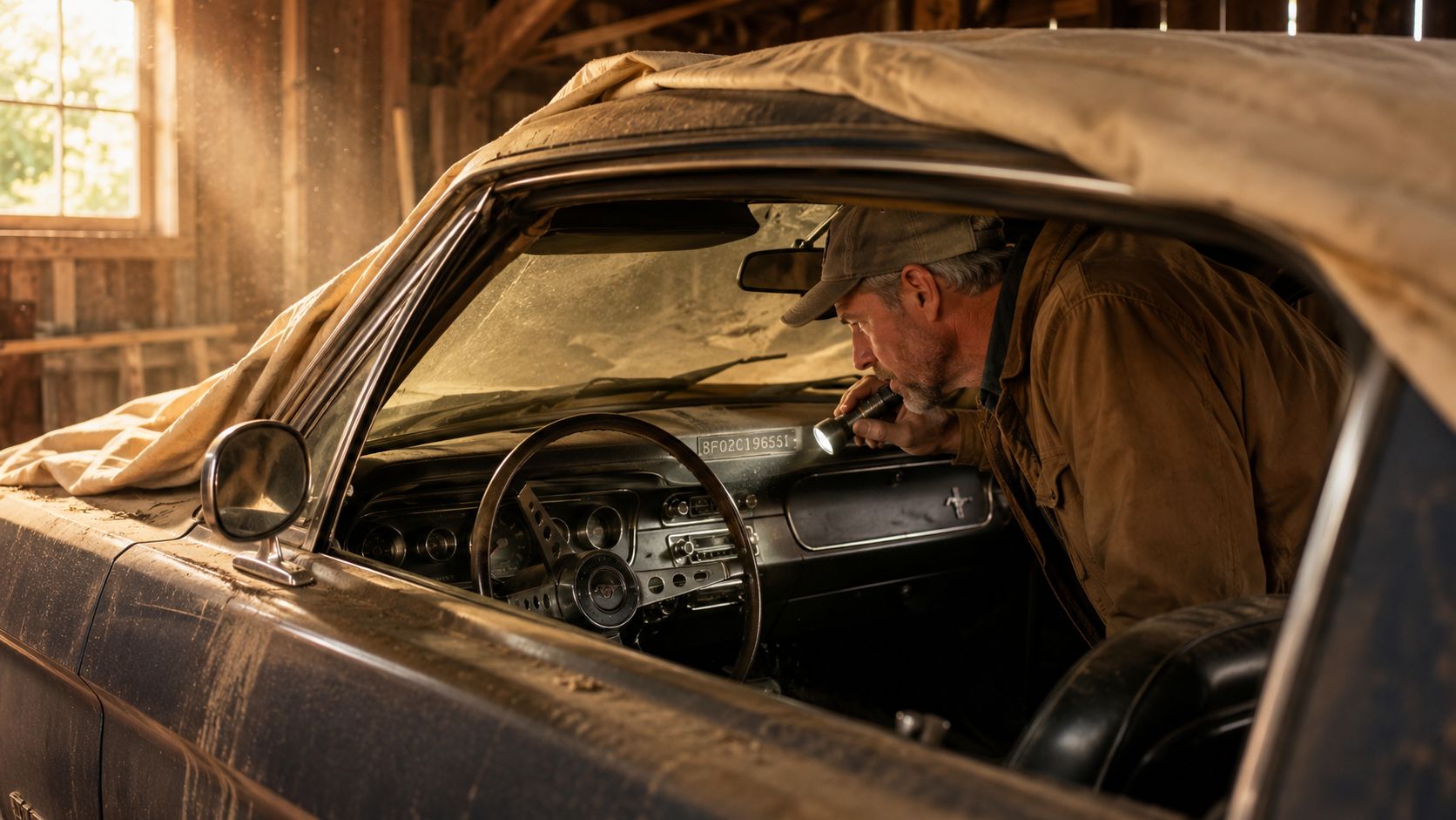 A man uses a flashlight to inspect the VIN number on the dashboard of a classic car.