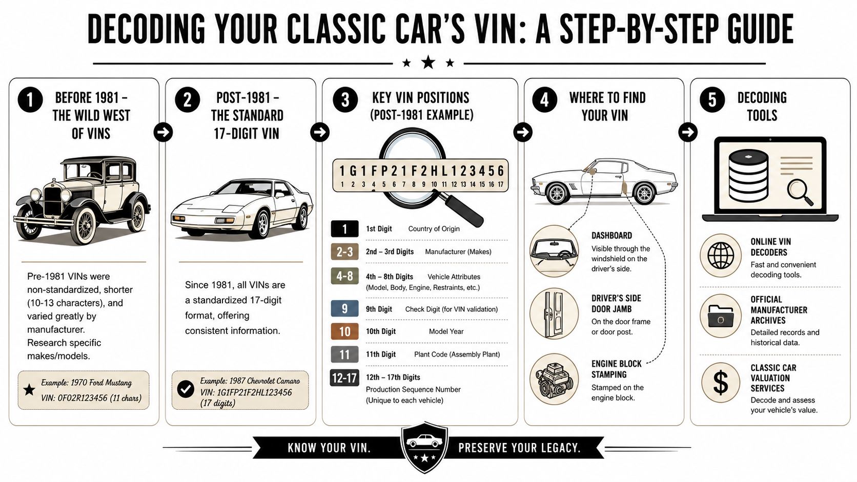 A detailed infographic guide explaining how to decode VIN numbers for classic and modern cars step-by-step.