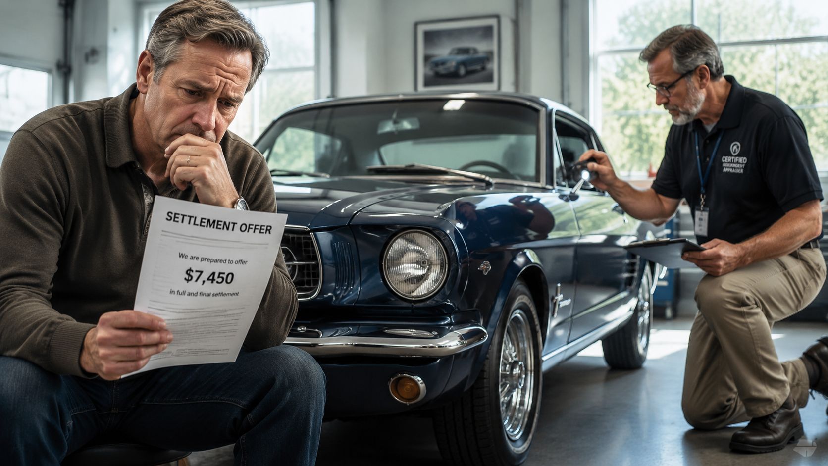 A man examines a car settlement offer document while an appraiser inspects a vintage blue car.