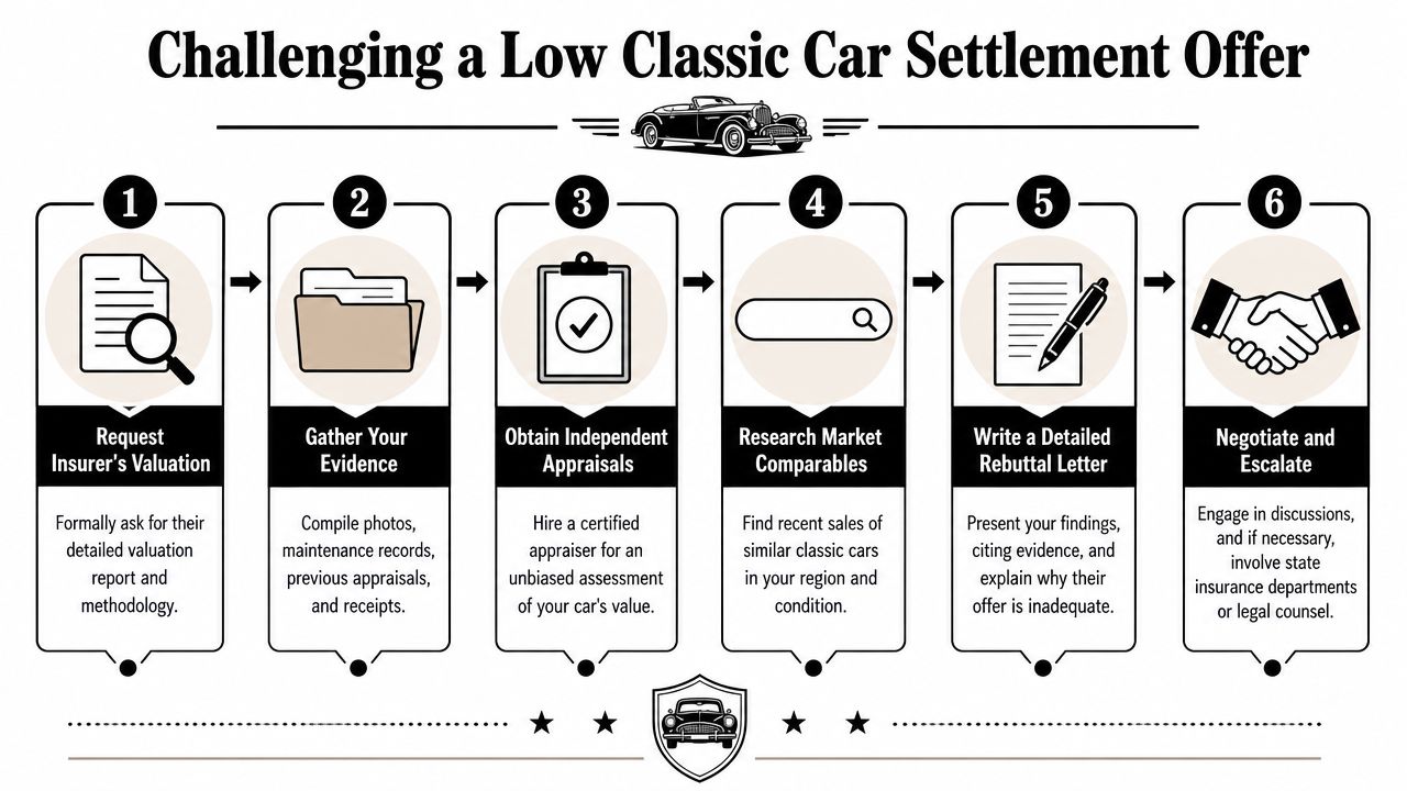 A six-step guide infographic for challenging a low insurance settlement offer for a classic car.
