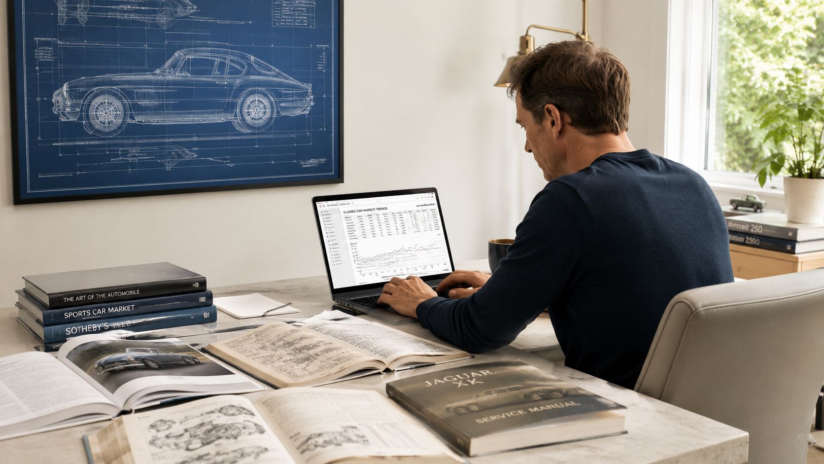 A man sits at a desk studying market data for classic cars while surrounded by automotive reference books.