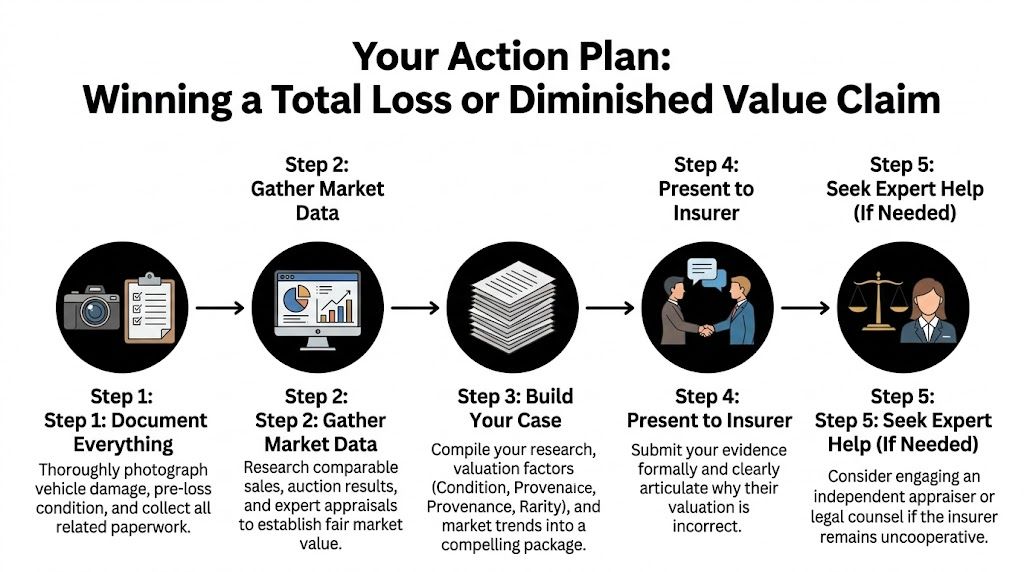 A five-step action plan infographic for winning a car total loss or diminished value insurance claim.