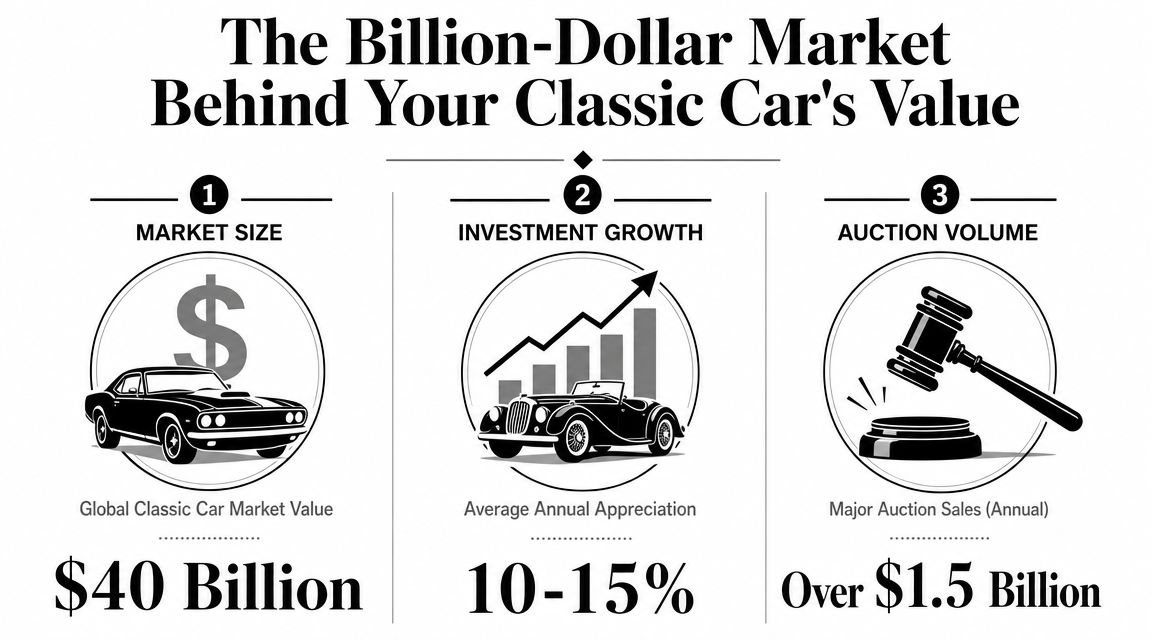 An infographic detailing the global classic car market, including market size, investment growth, and annual auction volume.