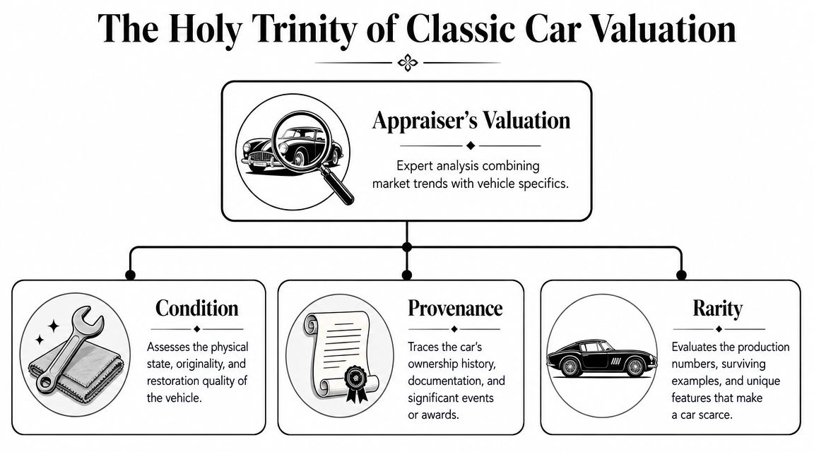 A diagram titled The Holy Trinity of Classic Car Valuation illustrating condition, provenance, and rarity.