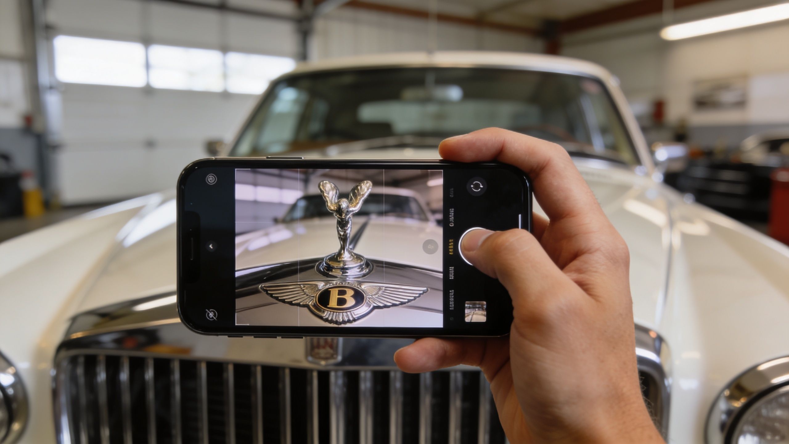 A person holding a smartphone to take a photo of a luxury car hood ornament.