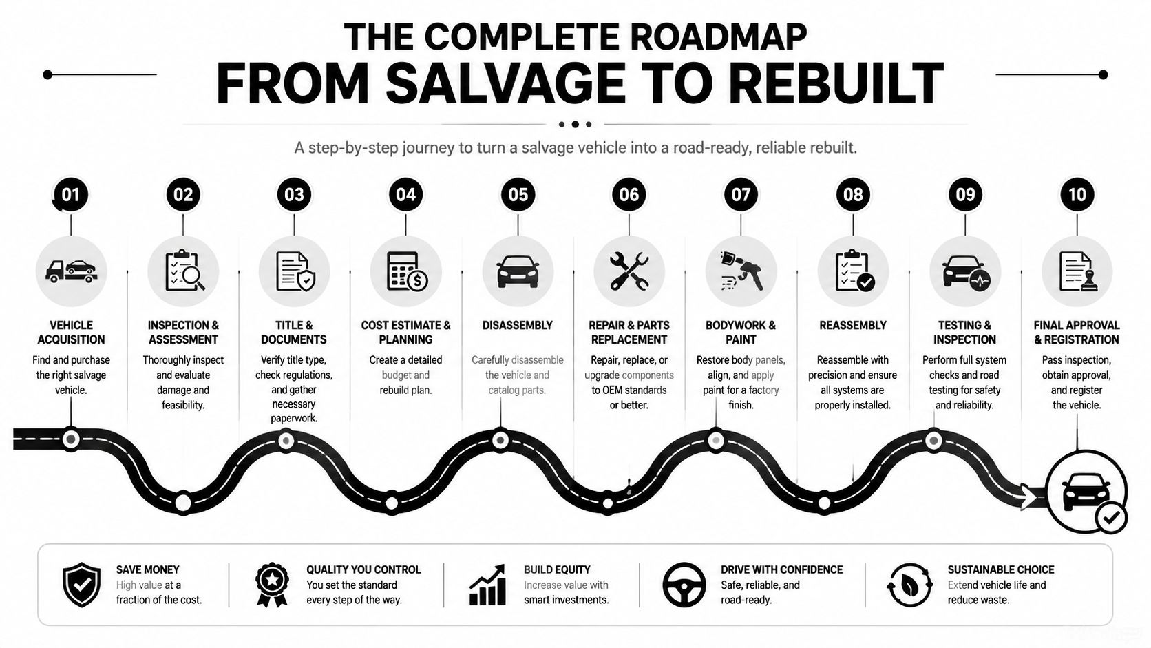 A ten-step infographic roadmap illustrating the process of turning a salvage vehicle into a rebuilt car.