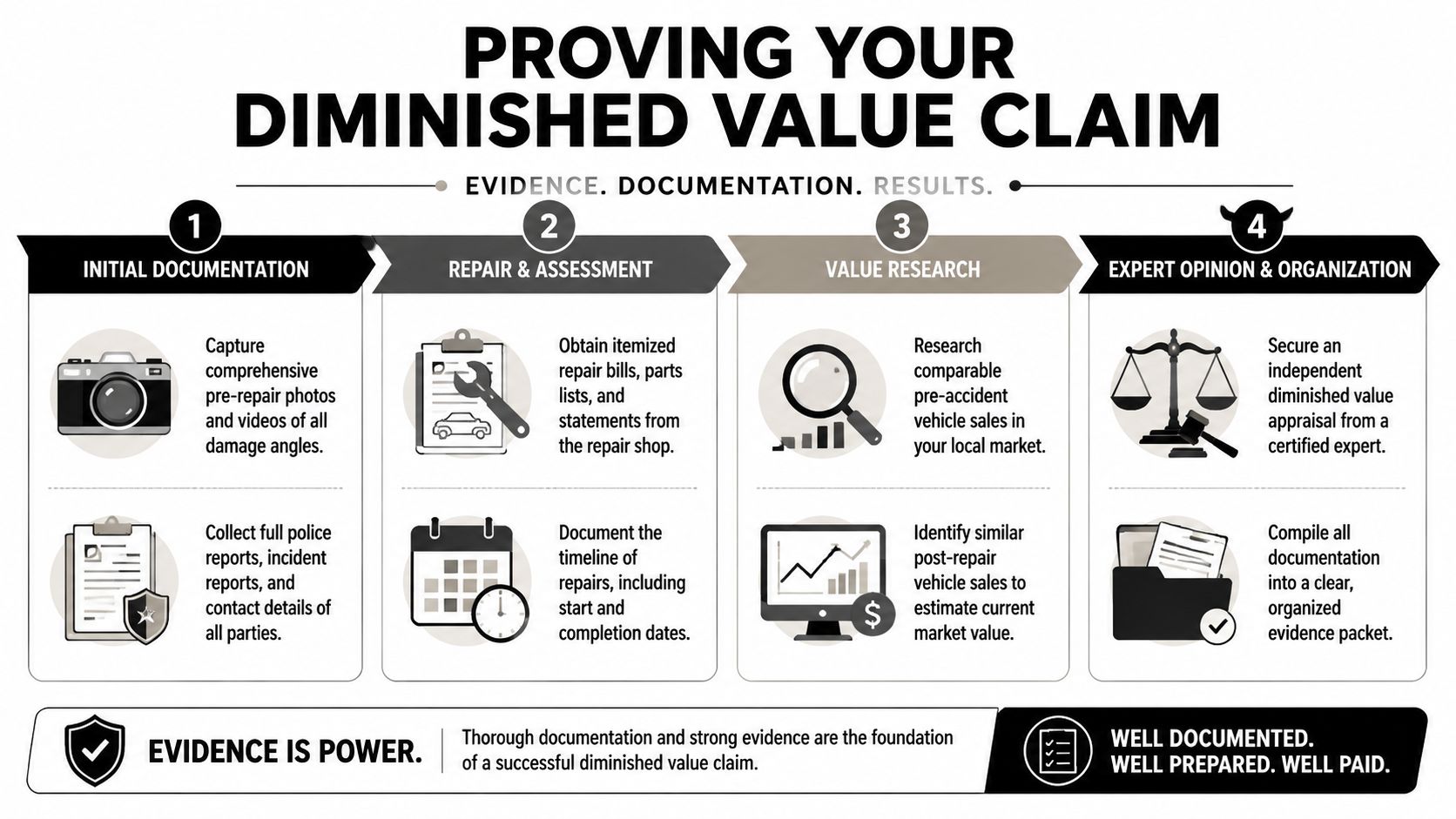 An infographic showing four steps to document and prove a successful diminished value claim for vehicles.