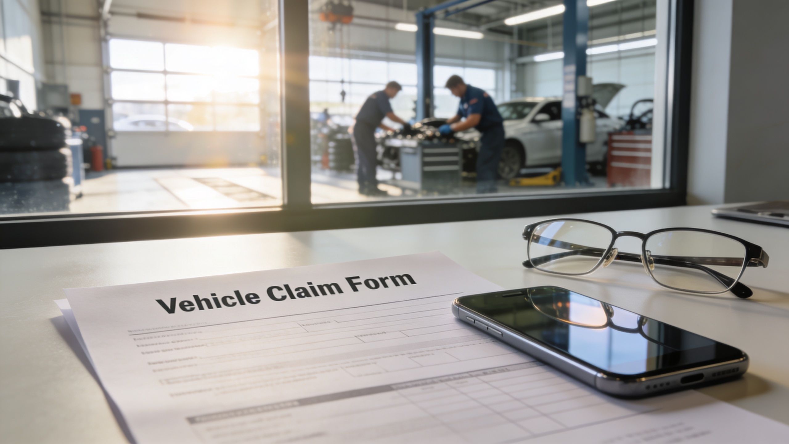 A document titled Vehicle Claim Form resting on a desk with glasses and a smartphone in a garage.