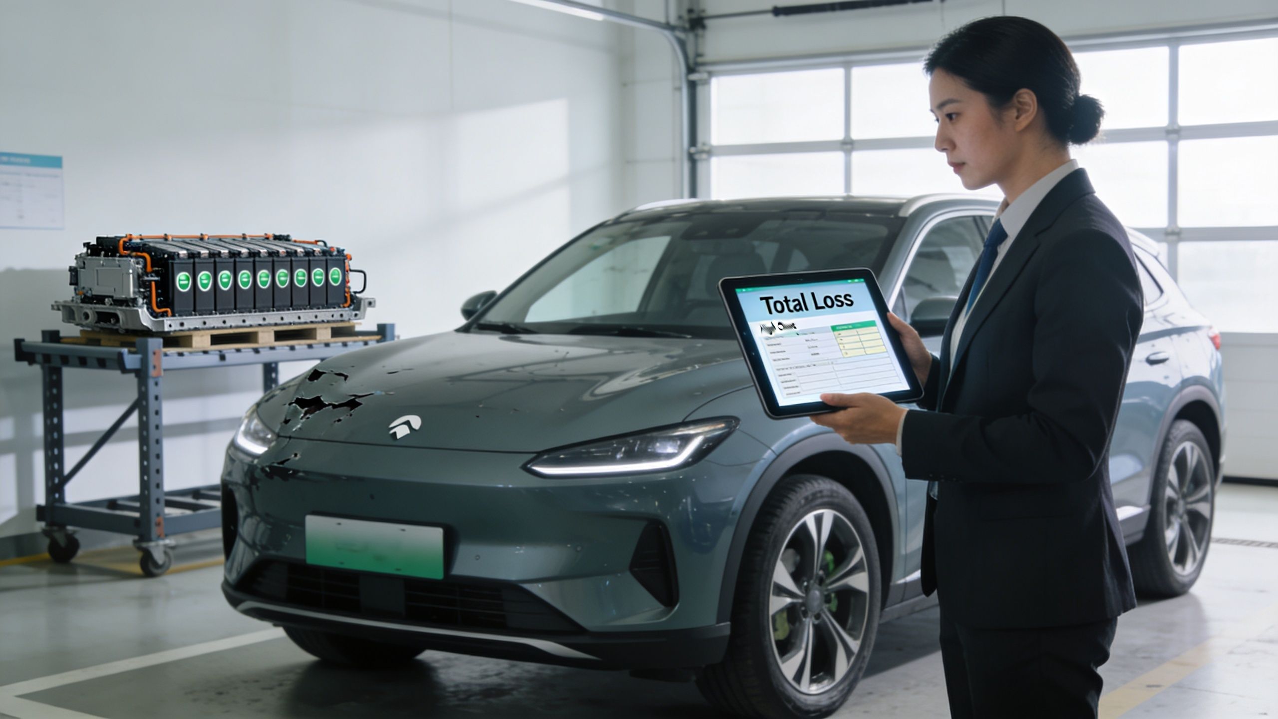 A professional woman in a suit holds a tablet showing a total loss report in front of an electric vehicle.