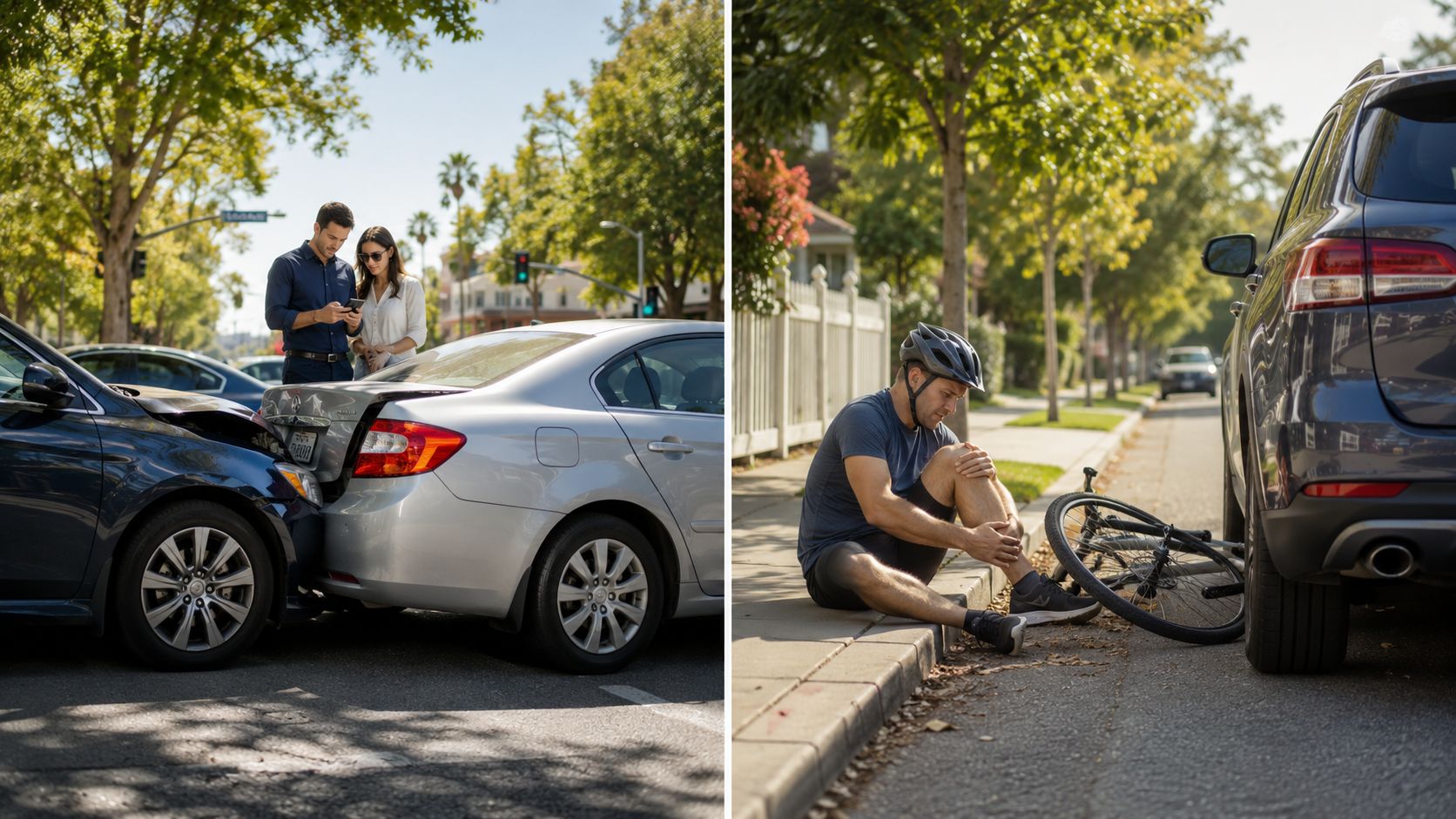 A split screen showing a car accident with two people and a cyclist sitting injured on the curb.