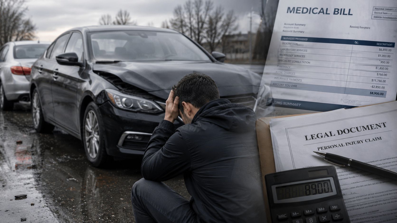 A distressed man sits by a damaged car next to superimposed medical bills and legal injury claim documents.
