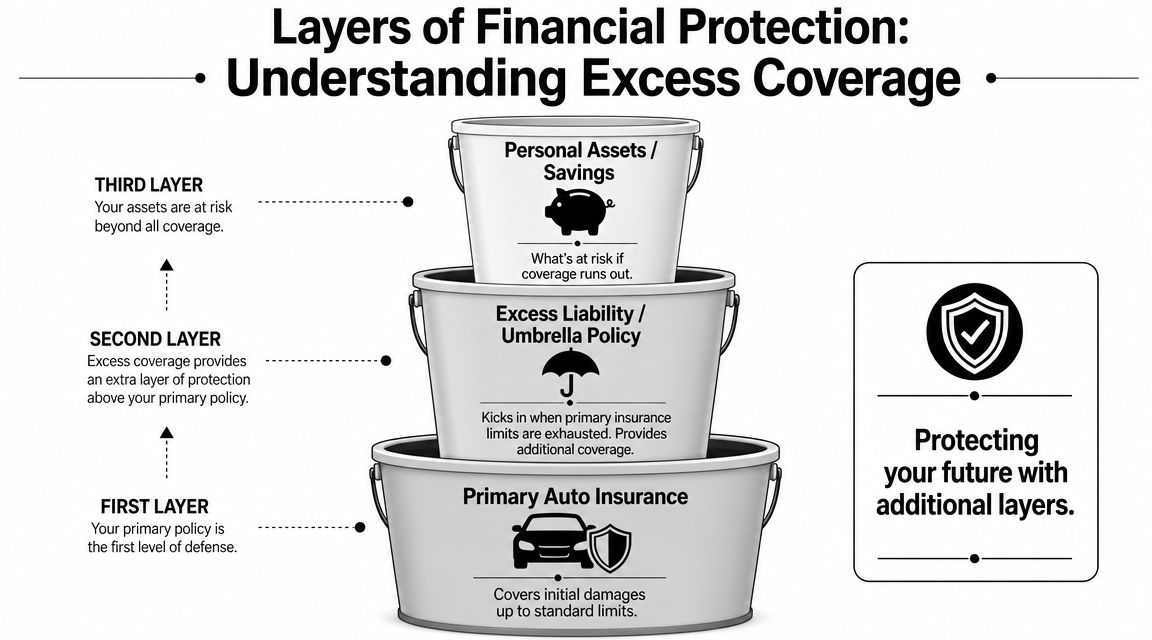 A diagram illustrating layers of financial protection, featuring three buckets representing primary insurance, excess liability, and savings.
