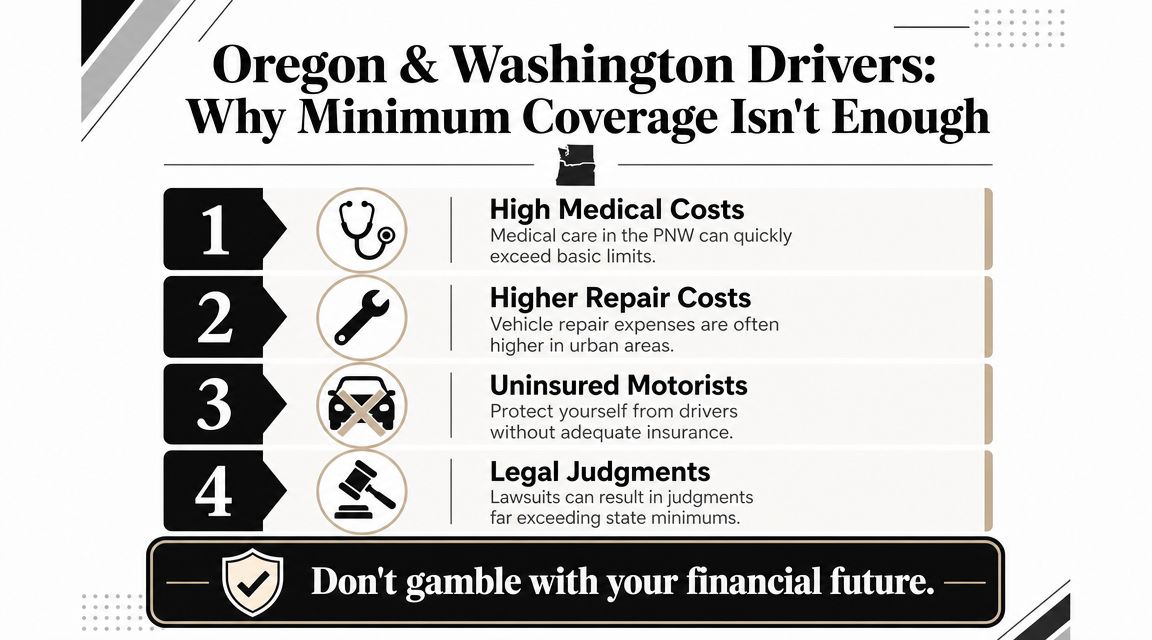 An infographic titled Oregon and Washington Drivers: Why Minimum Coverage Isnt Enough, listing four reasons for higher insurance.