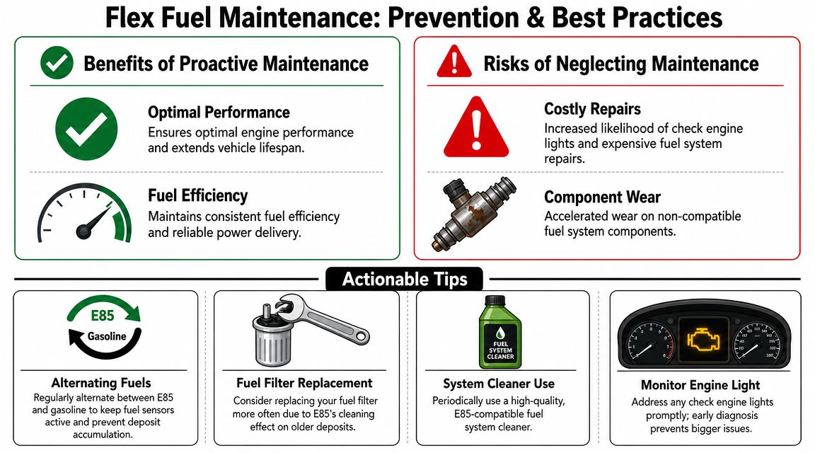 An infographic detailing proactive maintenance benefits, neglect risks, and actionable tips for flex fuel engines.