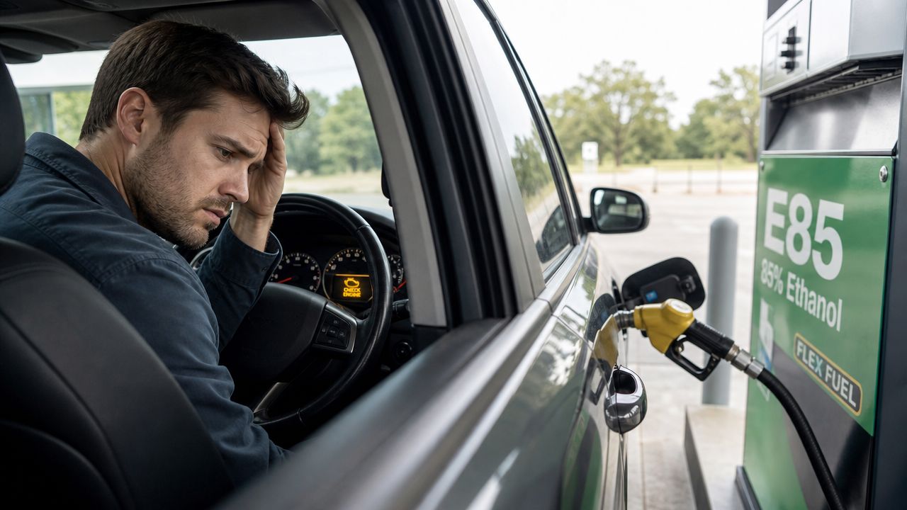A frustrated driver sitting in his car at a gas station looking at an engine warning light.