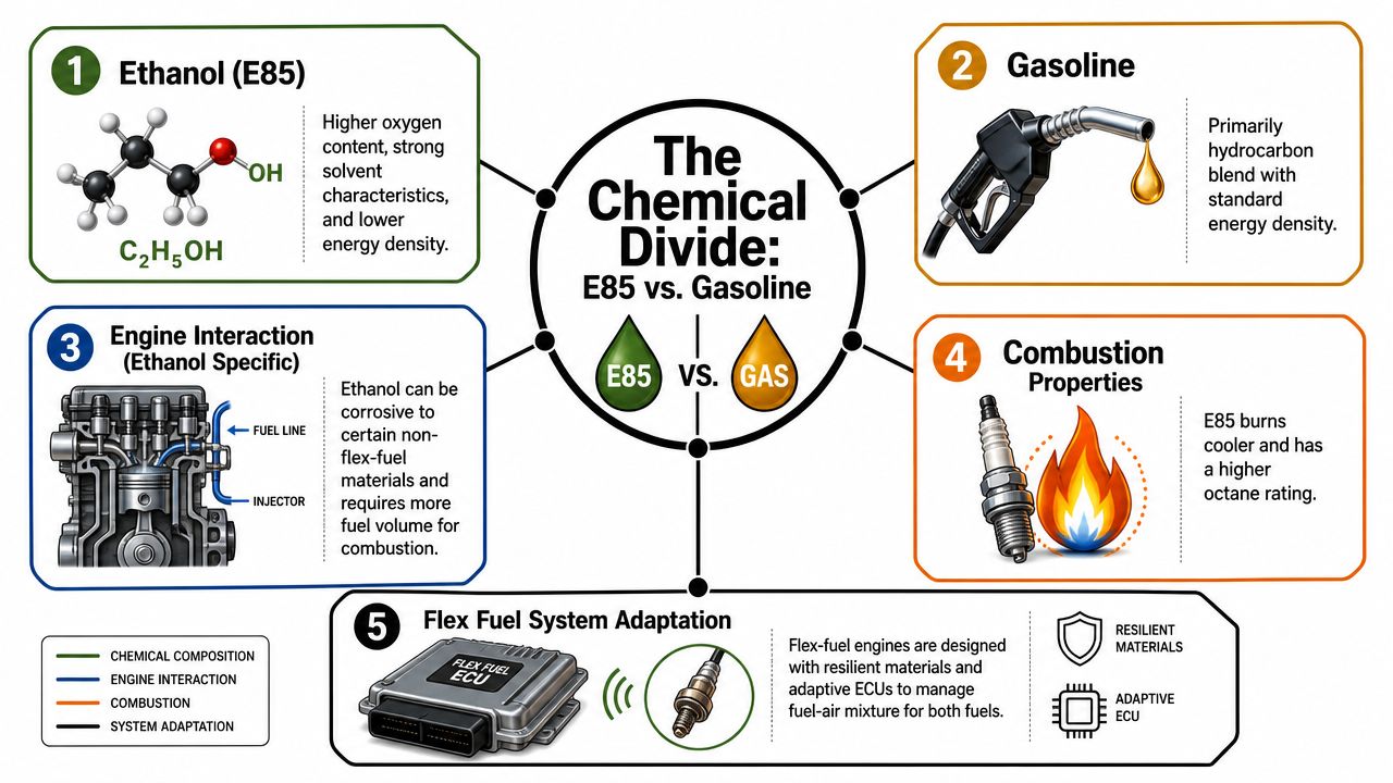 An infographic comparing E85 ethanol and gasoline, highlighting their chemical properties, engine interaction, and fuel system adaptation.