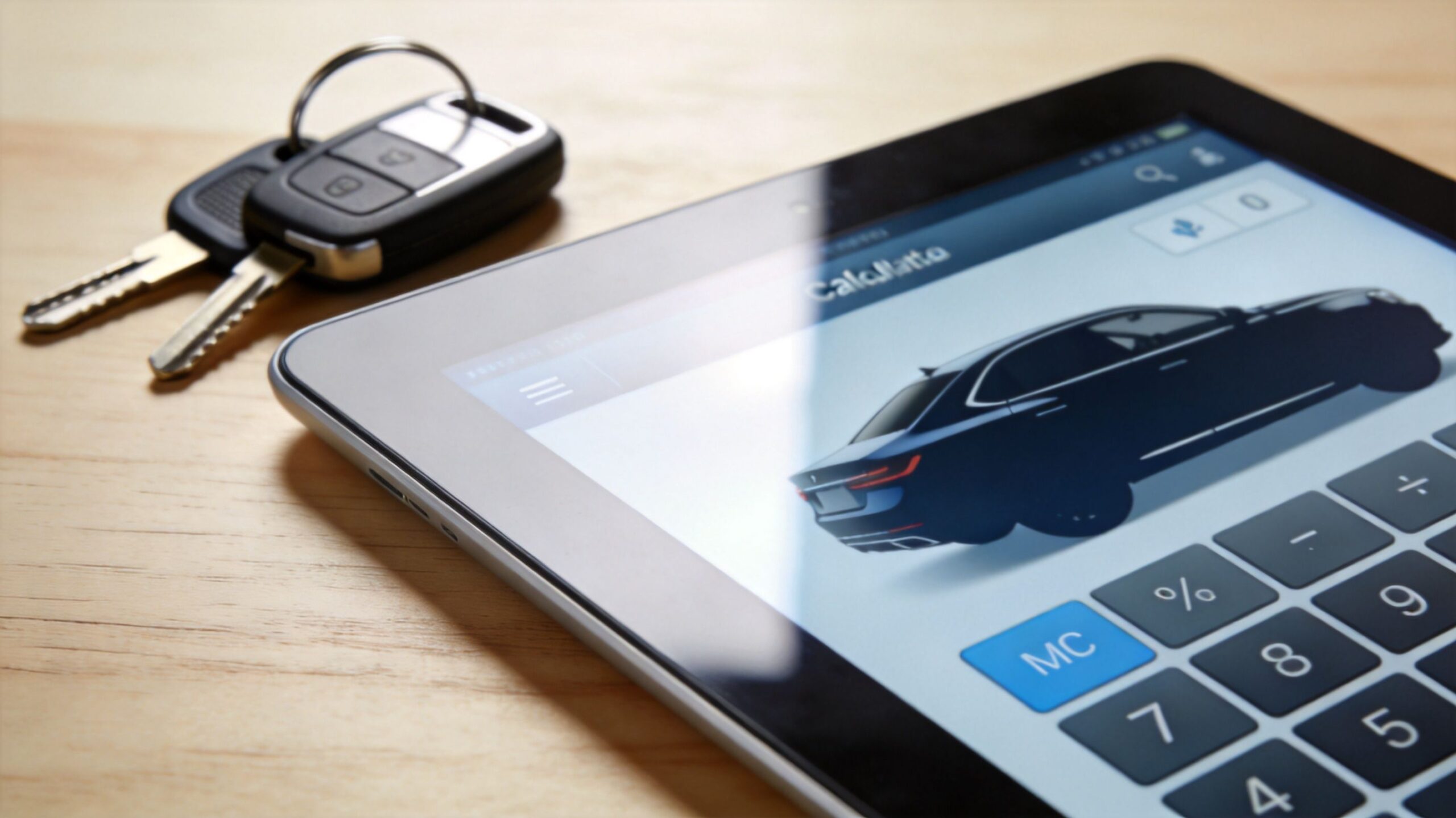 A car key lying on a wooden table next to a tablet displaying a vehicle calculator application.