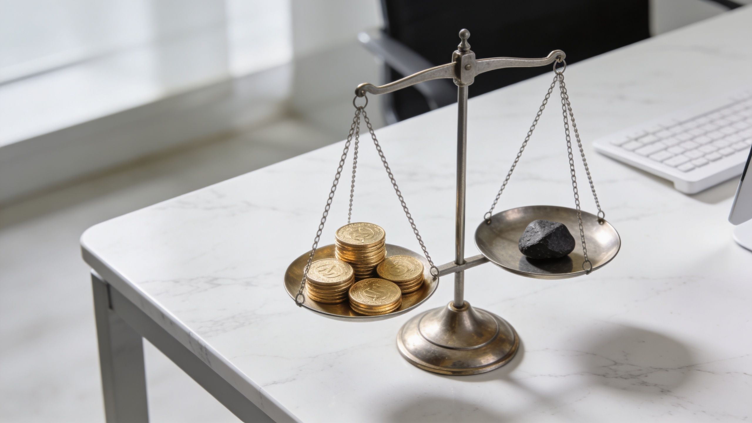 A vintage metal scale balancing a stack of gold coins against a single black rock.