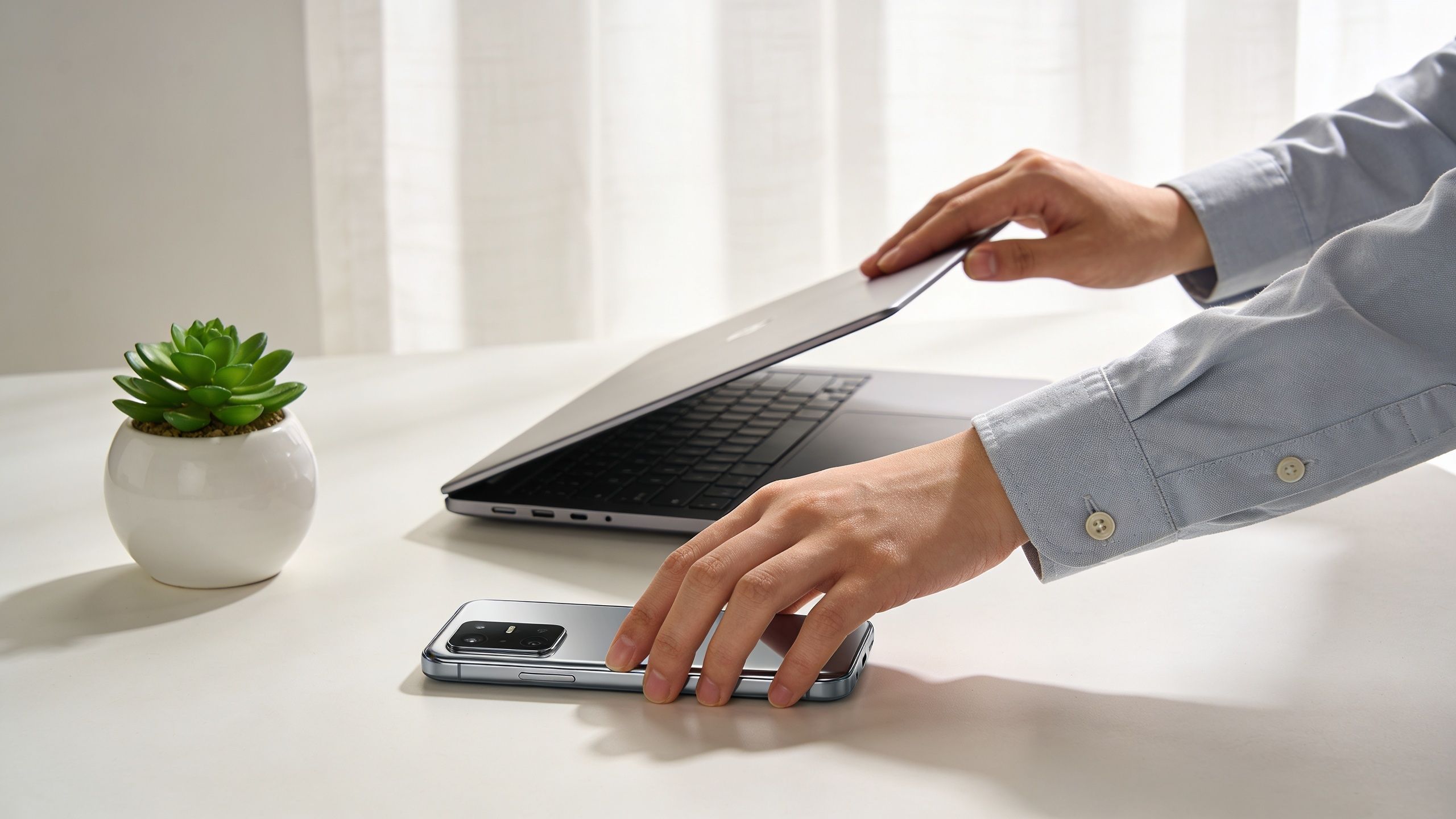 A person in a light blue shirt closing a laptop while resting a hand on a smartphone.