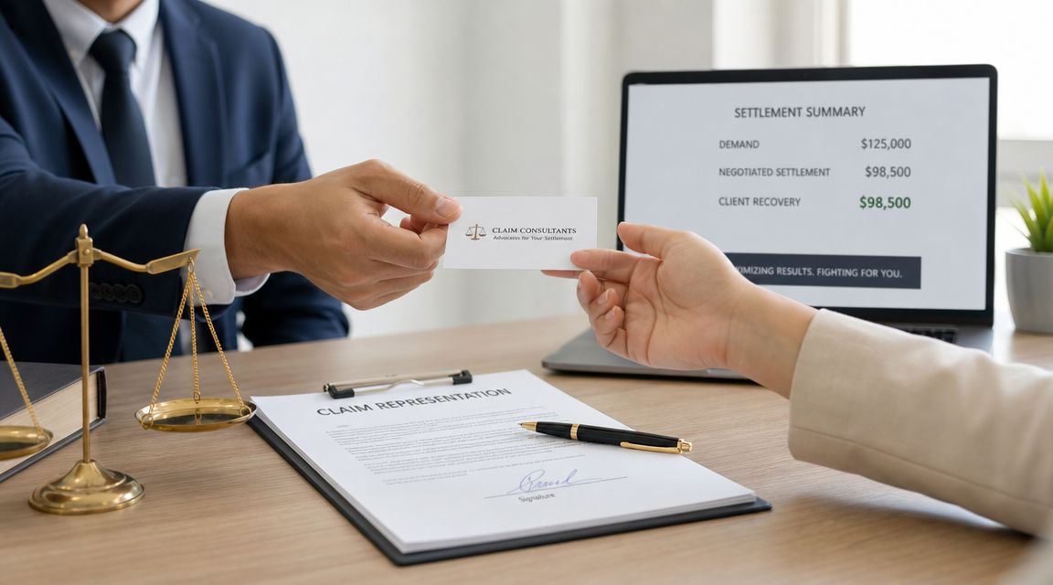 A professional handing a business card to a client with a legal settlement summary on a laptop.