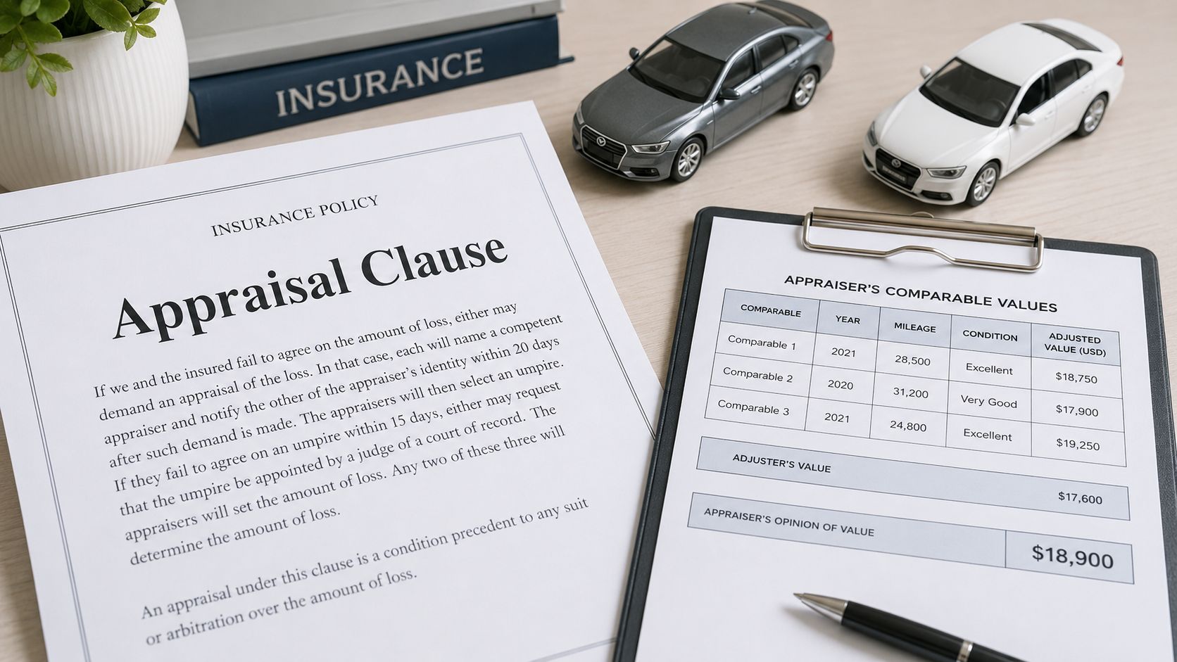 A document titled Appraisal Clause beside a car insurance comparison form and two model cars.