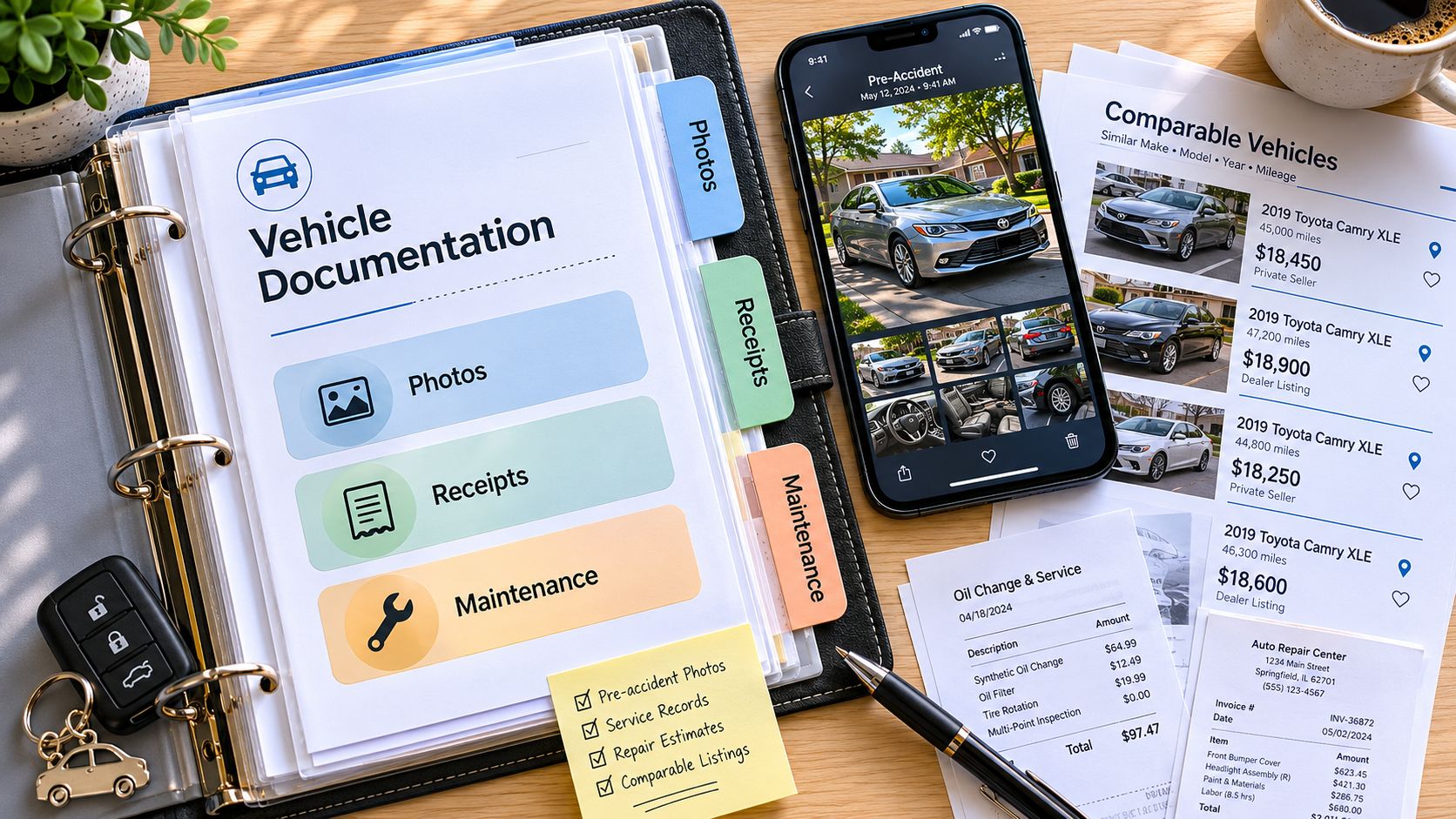 A car accident insurance documentation folder on a desk with a smartphone showing vehicle photos and listings.