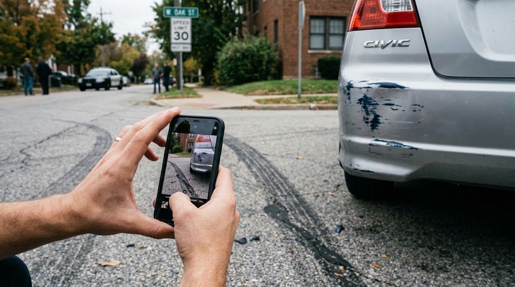 A person takes a photo of a car's bumper damage for an insurance claim documentation.