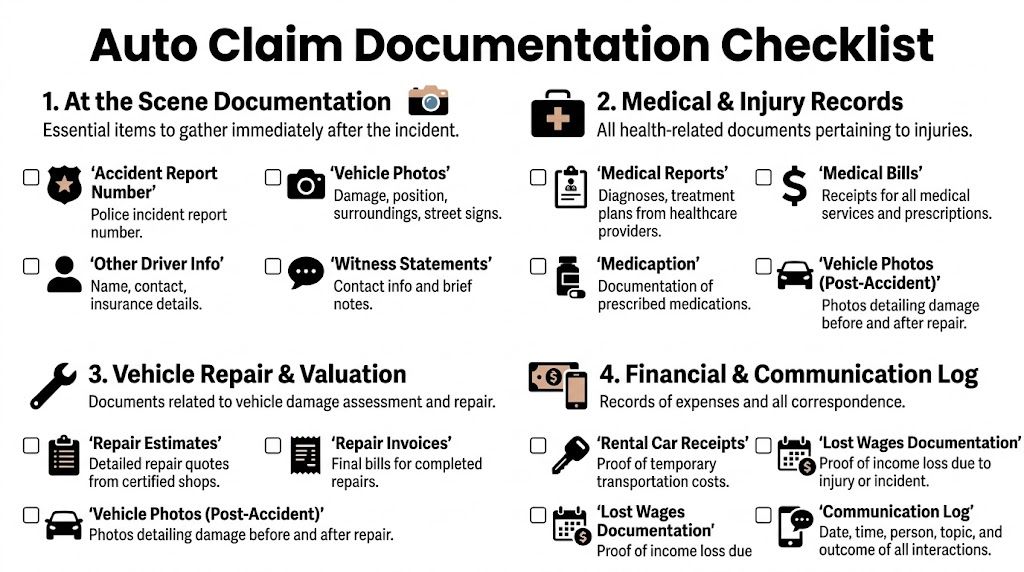An auto insurance claim documentation checklist for organizing essential records, reports, and receipts after an accident.
