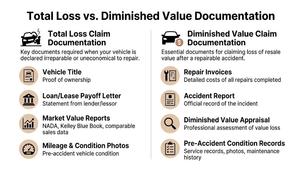 A comparison chart outlining required documentation for total loss claims versus diminished value insurance claims.
