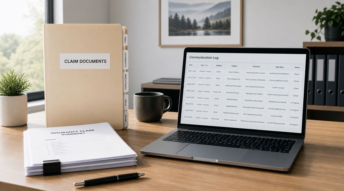 A professional office desk featuring a claim document folder, insurance summary, and a laptop displaying a communication log.