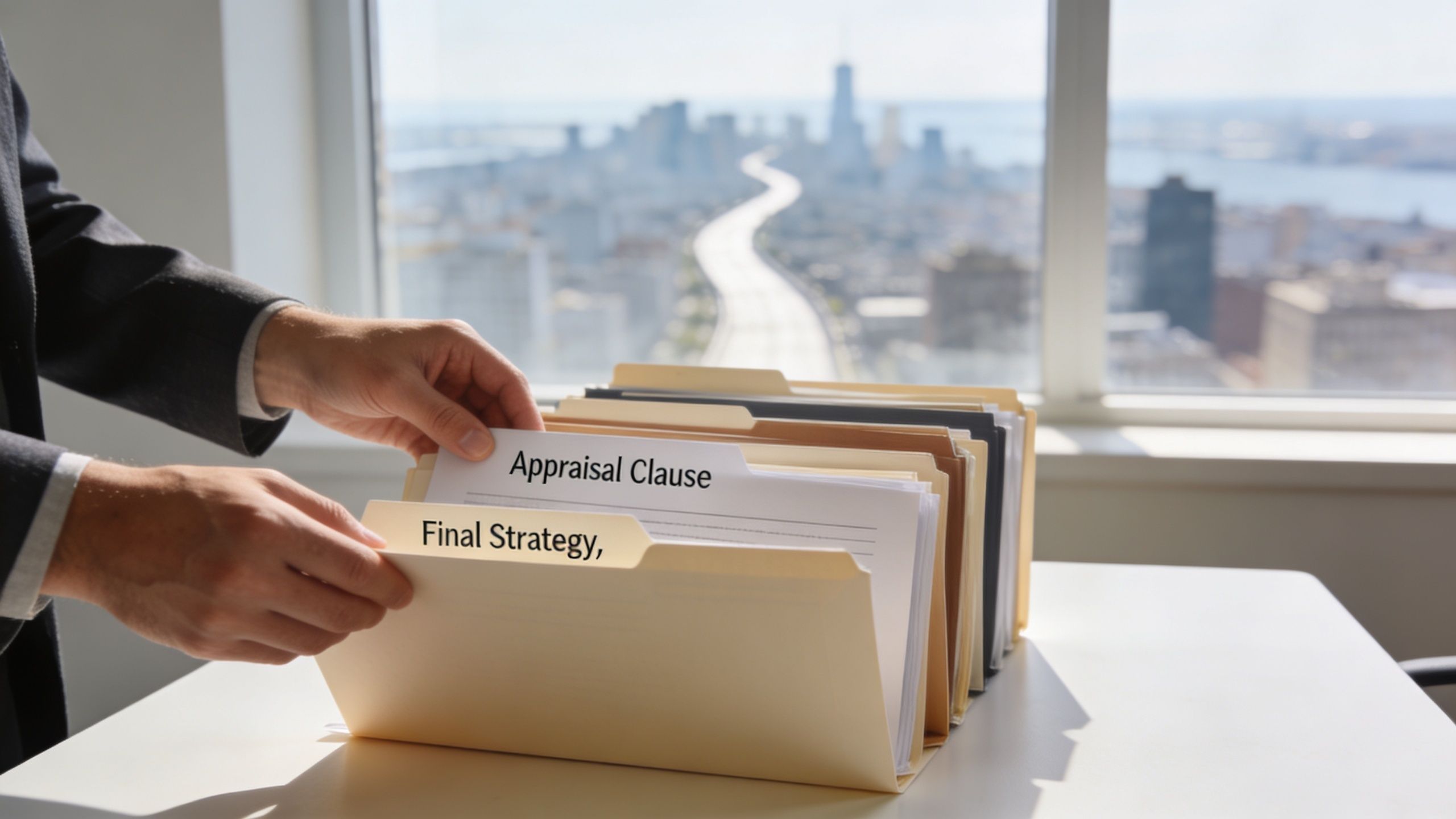A professional in a business suit organizes files labeled Final Strategy and Appraisal Clause in an office.