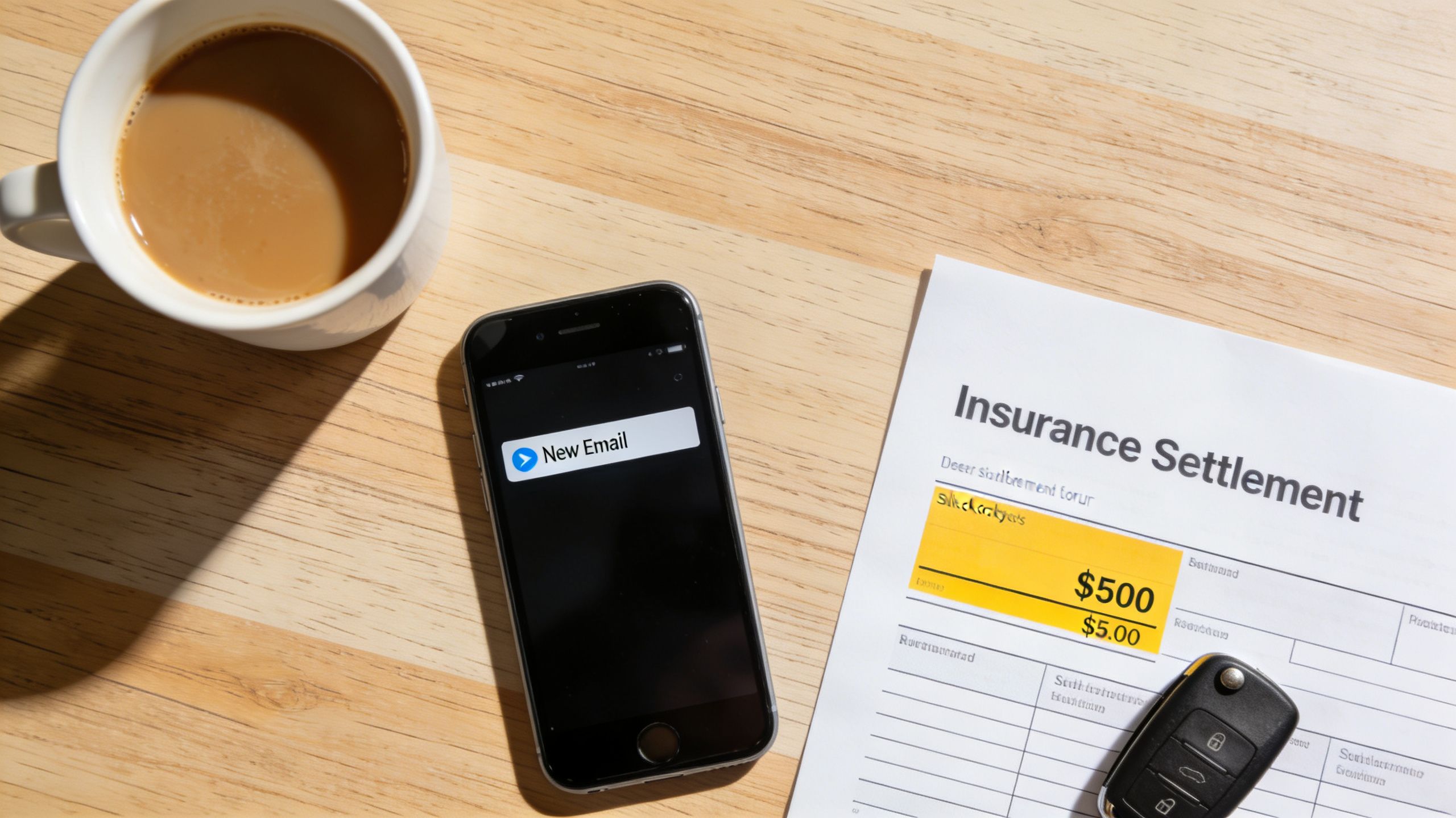 A cup of coffee next to a smartphone and an insurance settlement document on a wooden table.