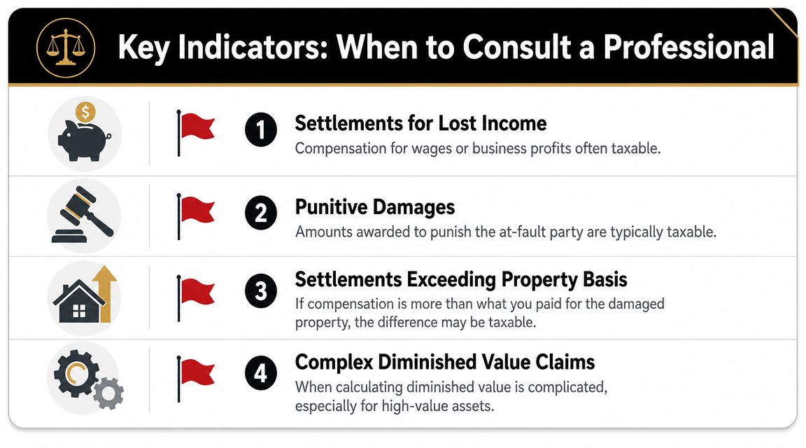 An infographic titled Key Indicators: When to Consult a Professional, highlighting four tax situations related to insurance settlements.