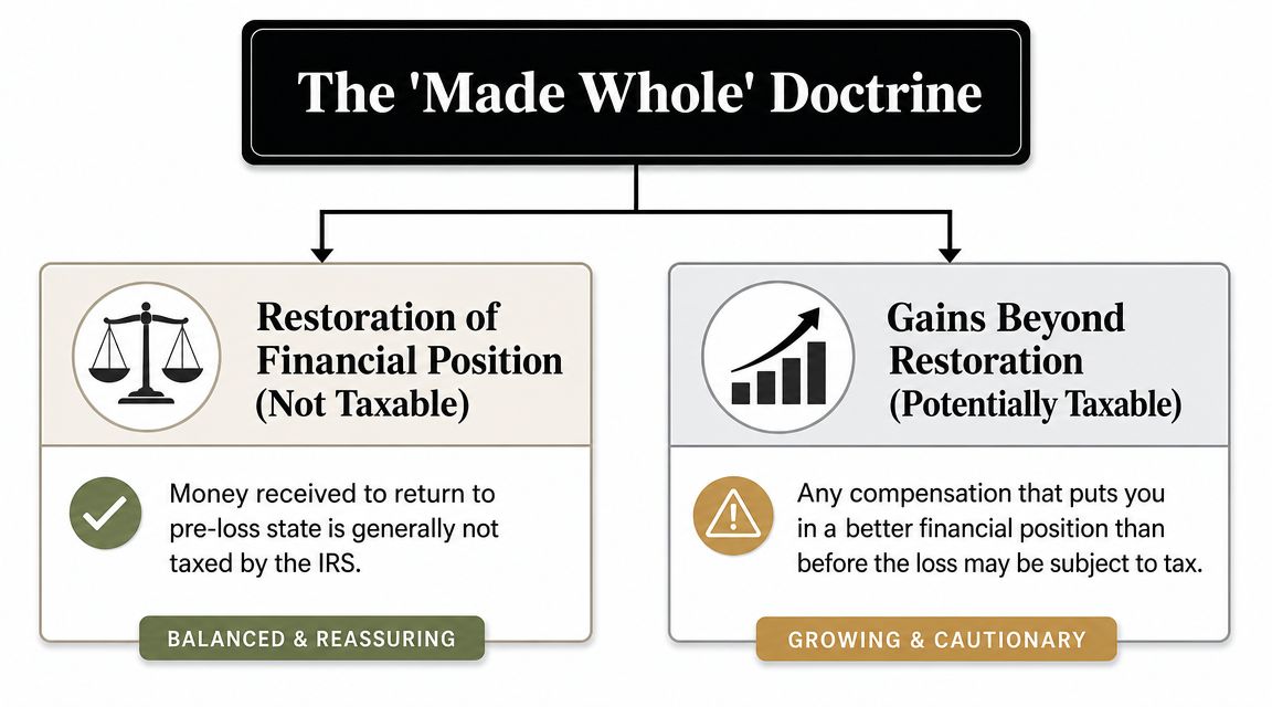 A diagram explaining the 'Made Whole' Doctrine regarding IRS taxation of insurance settlements and financial compensation.