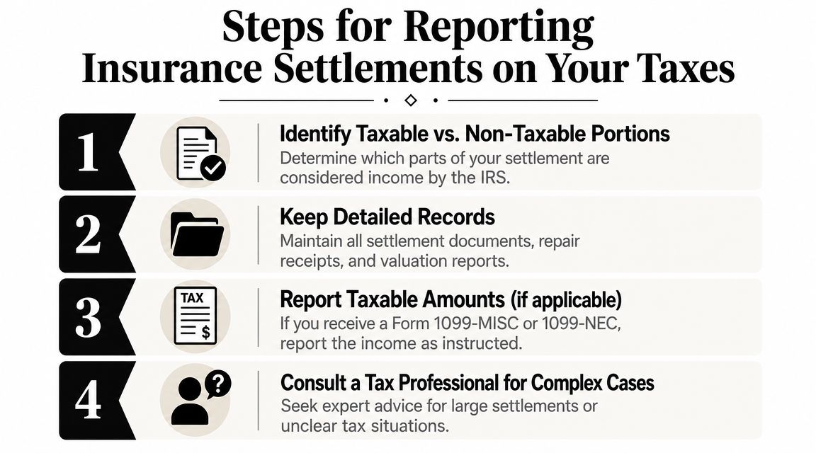 A four-step infographic explaining how to report insurance settlement payments on your annual tax return.