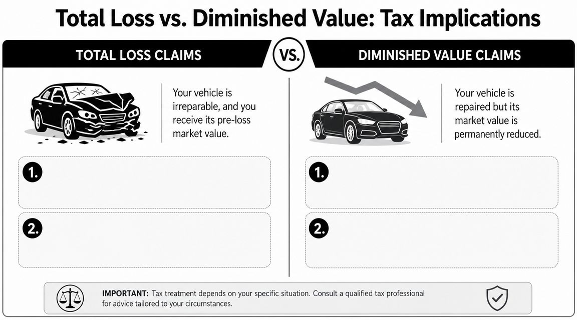 A comparison infographic detailing the tax implications of total loss versus diminished value insurance car claims.