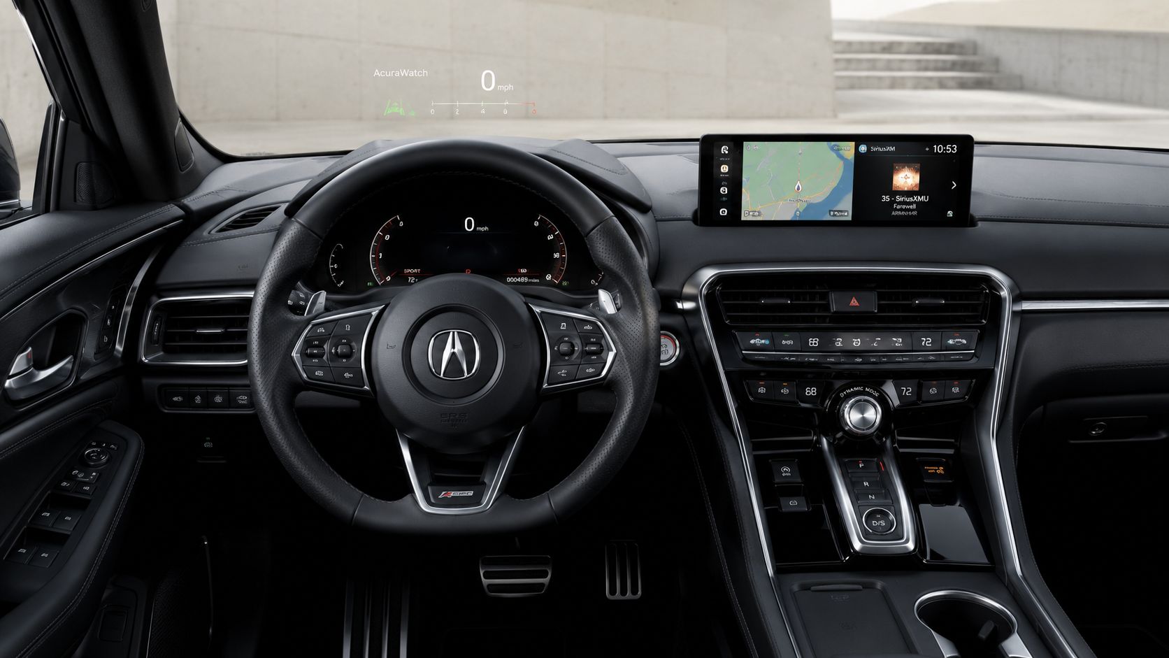 The driver's perspective inside a modern Acura luxury vehicle showcasing the steering wheel and dashboard technology.