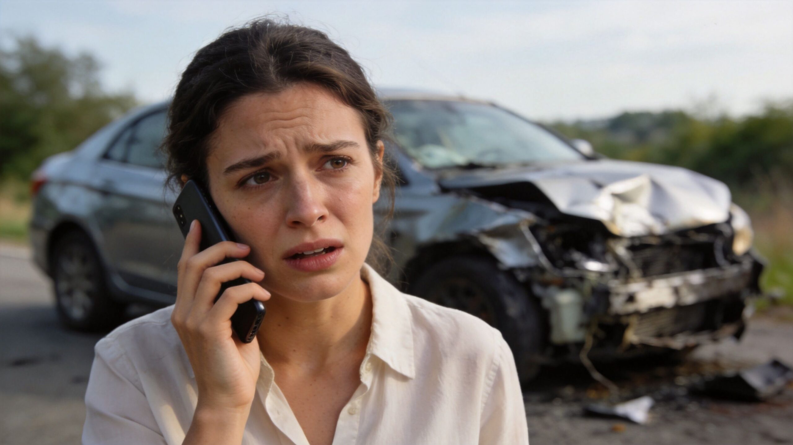 A distressed woman on a phone call standing in front of her car after a major accident.